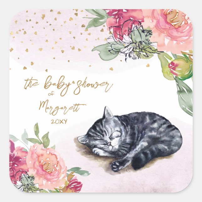 Adesivo Quadrado Chá de fraldas de Ilustração de Gatinha Sonolenta (Frente)