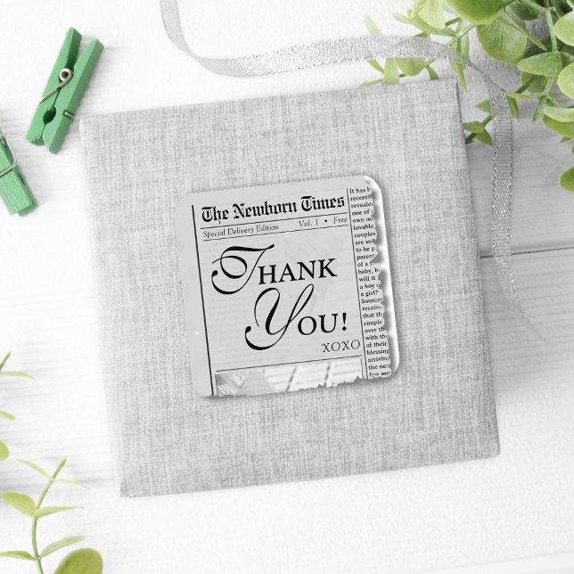 Adesivo Quadrado Chá de fraldas de jornal bonito Obrigado Por Favor (The Newborn Times cute newspaper style baby shower thank you favor sticker, trendy, modern, closure)
