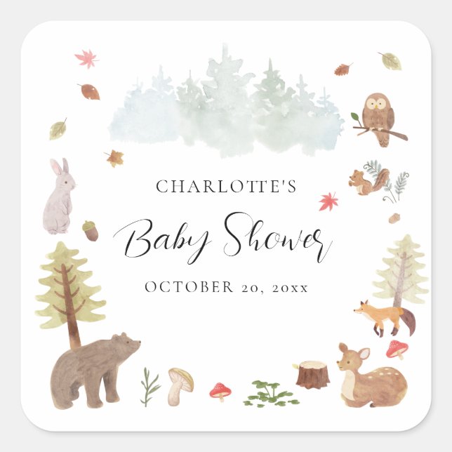 Adesivo Quadrado Chá de fraldas de outono de Animais da Floresta (Frente)