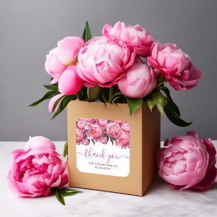 Adesivo Quadrado Chá de fraldas de Peonias Rosa Obrigado