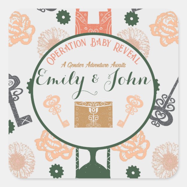 Adesivo Quadrado Chá de fraldas de Revisão de Gênero da Sala de Fug (Frente)