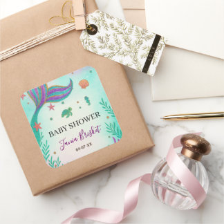 Adesivo Quadrado Chá de fraldas de Sereia Glitter Turquoise