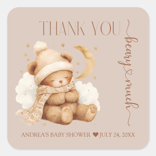 Adesivo Quadrado Chá de fraldas De Urso Bonito, Obrigado (Frente)