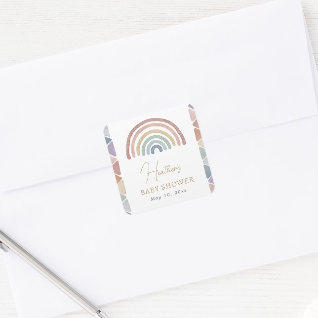 Adesivo Quadrado Chá de fraldas do Cotovelo Pastel (Pastel Rainbow Baby Shower Square Sticker by Painted Paperie
)