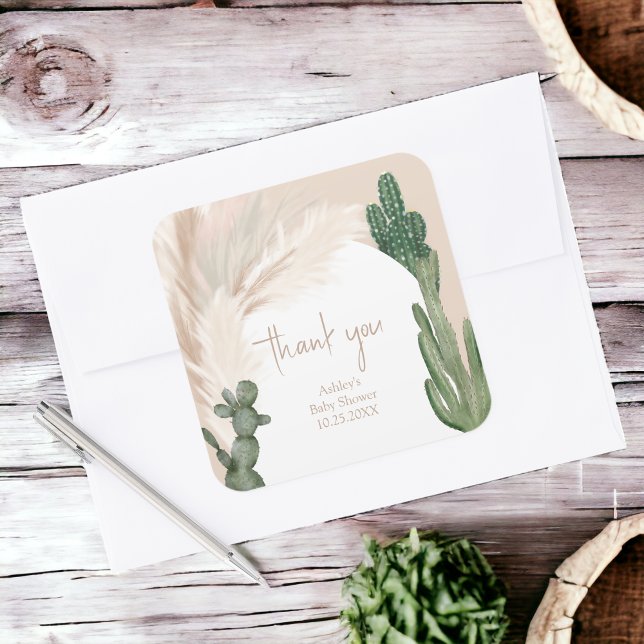 Adesivo Quadrado Chá de fraldas do deserto do boho cactus pampas (Boho cactus pampas arch desert baby shower favor bag)