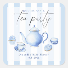 Adesivo Quadrado Chá de fraldas do Tea Party Azul