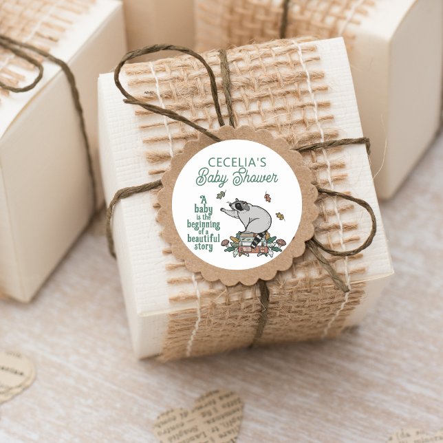 Adesivo Quadrado Chá de fraldas do Woodland Storybook Raccoon (Woodland Storybook Baby Shower Stickers for Favors, Crafting, Envelope Seals, and more!)