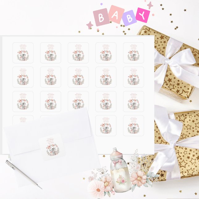 Adesivo Quadrado Chá de fraldas Elegante de Elefante Rosa (Baby Shower Square Stickers)