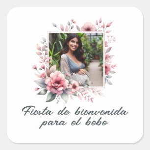 Adesivo Quadrado Chá de fraldas Espanhol Fiesta De Bienvenida Al Be