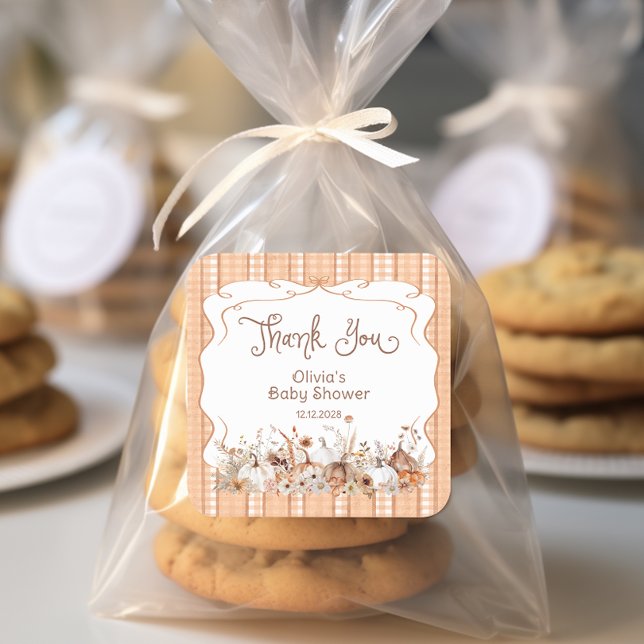 Adesivo Quadrado Chá de fraldas Floral Da Abóbora Obrigado (Criador carregado)