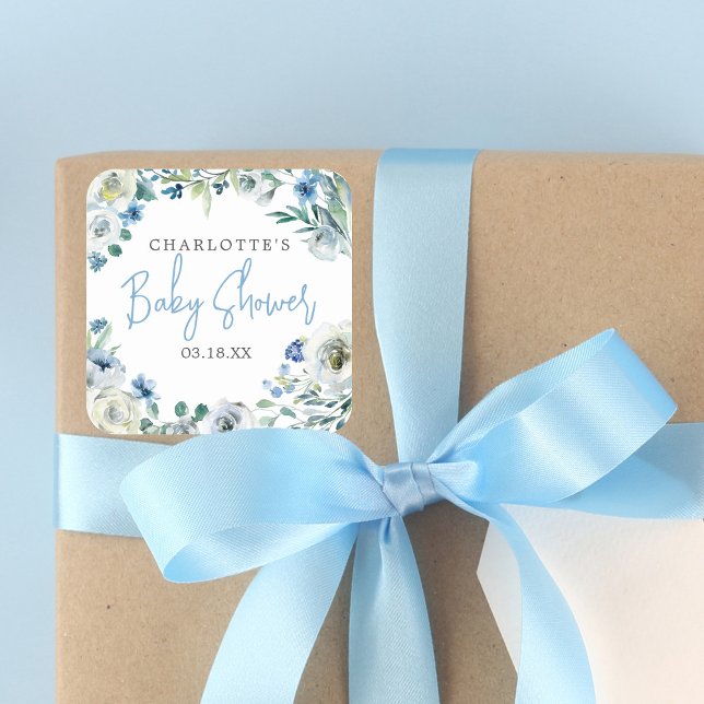 Adesivo Quadrado Chá de fraldas Floral de Peony Azul Elegante (Criador carregado)