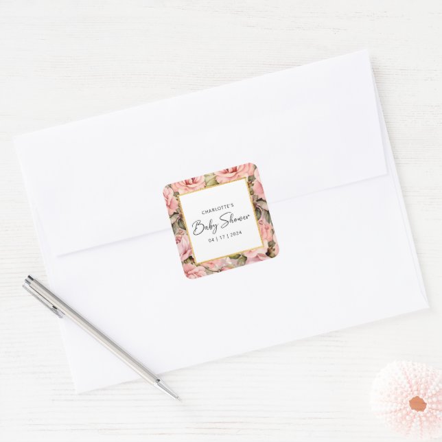 Adesivo Quadrado Chá de fraldas Floral Rosa Blush (Envelope)