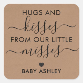 Adesivo Quadrado Chá de fraldas Hugs e Kisses Tag, Baby Girl, Kraft