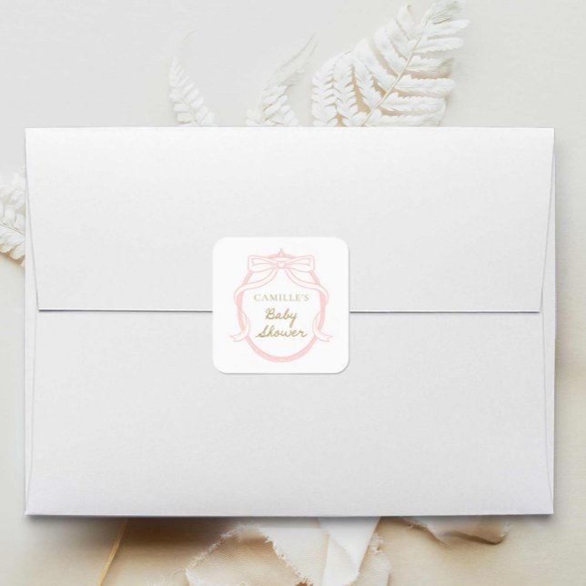 Adesivo Quadrado Chá de fraldas Mínimo de Arco Rosa (Elegant Pink Bow Baby Shower Stickers)