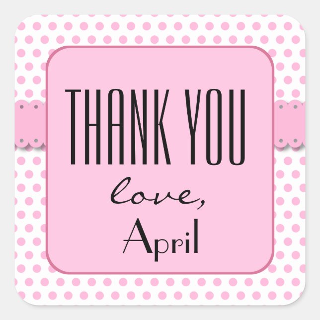 Adesivo Quadrado CHÁ DE FRALDAS Obrigado Bolinhas V11A Rosa (Frente)