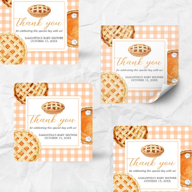 Adesivo Quadrado Chá de fraldas Pequeno Pie Gingham (Gingham Little Cutie Pie Baby Shower Sticker)