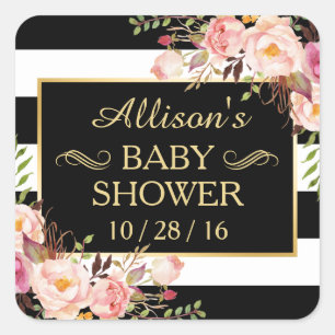 Adesivo Quadrado Chá de fraldas Preto Floral Preto-Branco com Largu