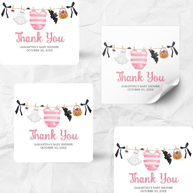 Adesivo Quadrado Chá de fraldas Rosa Pequeno (Girl Little Boo Halloween Clothesline Baby Shower Sticker)