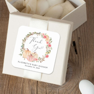 Adesivo Quadrado Chá de fraldas Rosa Pumpkin Floral Obrigado