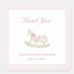 Adesivo Quadrado Chá de fraldas Rosa Rocking Horse Obrigado