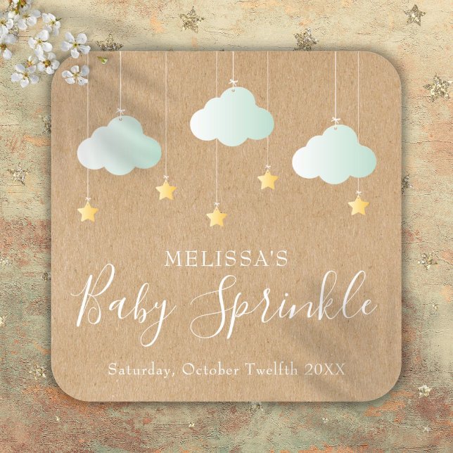 Adesivo Quadrado Chá de fraldas Rustic Kraft Twinkle Sprinkle (Rustic Kraft Twinkle Sprinkle Baby Shower Square Sticker)