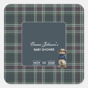 Adesivo Quadrado Chá de fraldas Rustic Tartan Bear