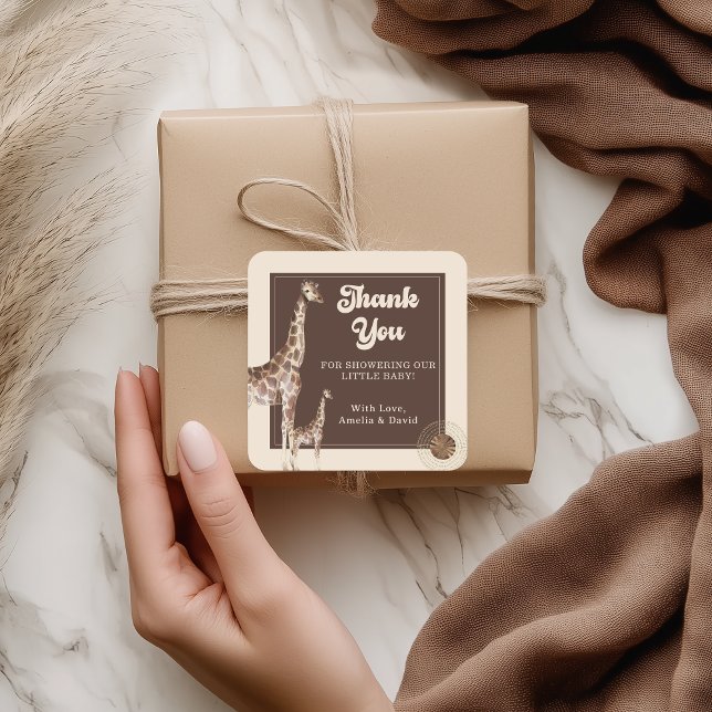 Adesivo Quadrado Chá de fraldas Safari Jungle Giraffe Obrigado (Criador carregado)