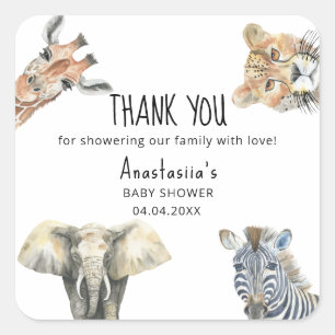 Adesivo Quadrado Chá de fraldas Selvagem de Animais Safari OBRIGADO