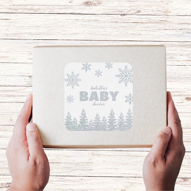 Adesivo Quadrado Chá de fraldas Silver Woodland de inverno (winter wonderland baby shower favors sticker silver glitter woodland)