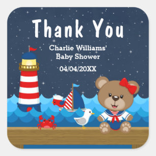 Adesivo Quadrado Chá de fraldas Vermelho Do Urso Náutico