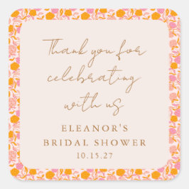 Adesivo Quadrado Chá de Noiva Boho Rosa Laranja Floral Agradeciment