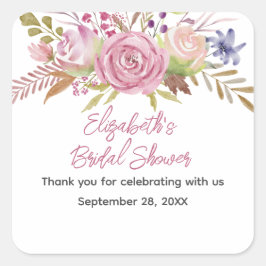 Adesivo Quadrado Chá de Noiva Botânico Aquarela Floral Rosa
