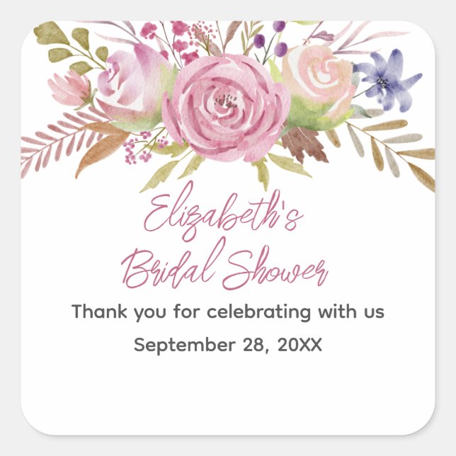 Adesivo Quadrado Chá de Noiva Botânico Aquarela Floral Rosa (Frente)