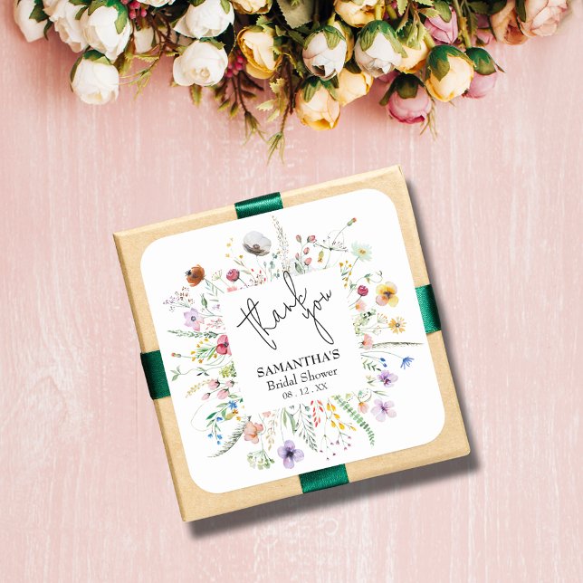 Adesivo Quadrado Chá de Noiva das Flores Silvestres (Wildflowers bridal shower 3" square stickers (1-1/2" available, too))