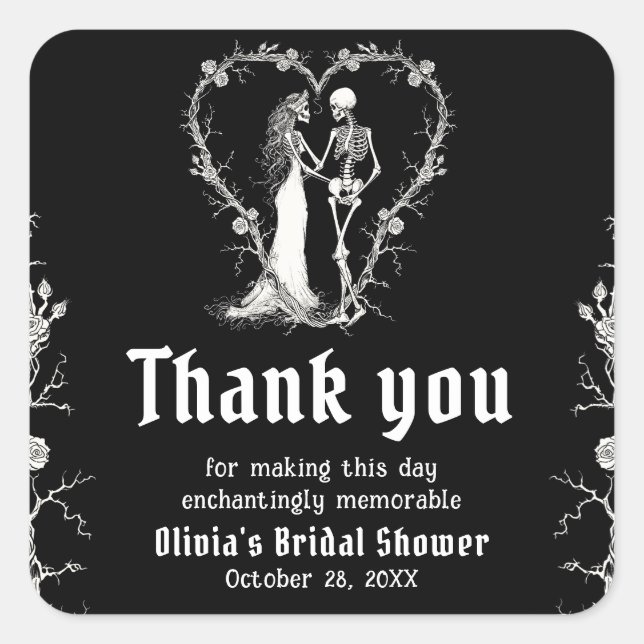 Adesivo Quadrado Chá de Noiva do Halloween Esqueleto Gótico Preto (Frente)