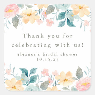 Adesivo Quadrado Chá de Noiva Floral Rosa Azul Turquesa Personaliza