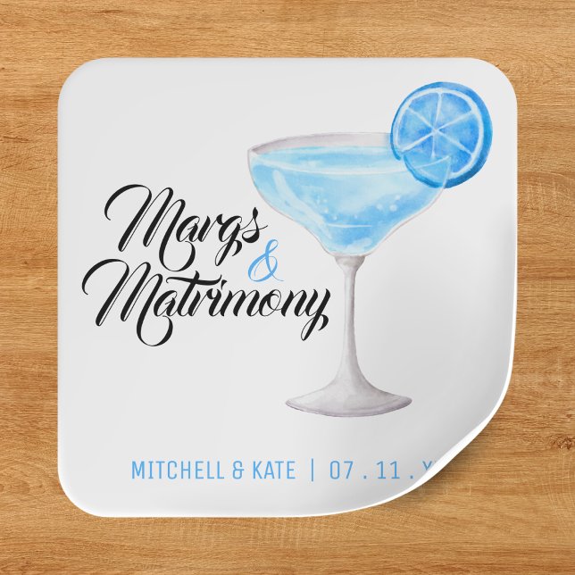 Adesivo Quadrado Chá de Noiva Margs & Matrimony Blue Margarita (Margs & Matrimony Blue Margarita Bridal Shower Square Sticker
)