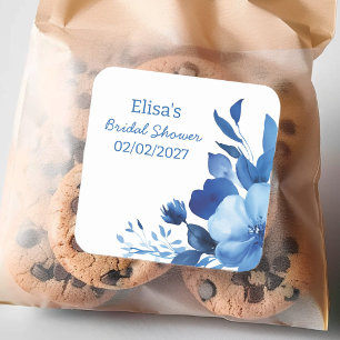 Adesivo Quadrado Chá de Noiva Personalizado Aquarela Flores Azuis
