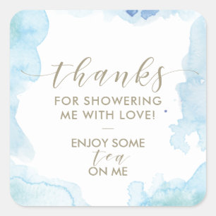 Adesivo Quadrado Chá de panela de Obrigados de Aquarela Azul Favor 