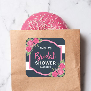 Adesivo Quadrado Chá de panela de Rosas Rosa com Stripes Brancas A