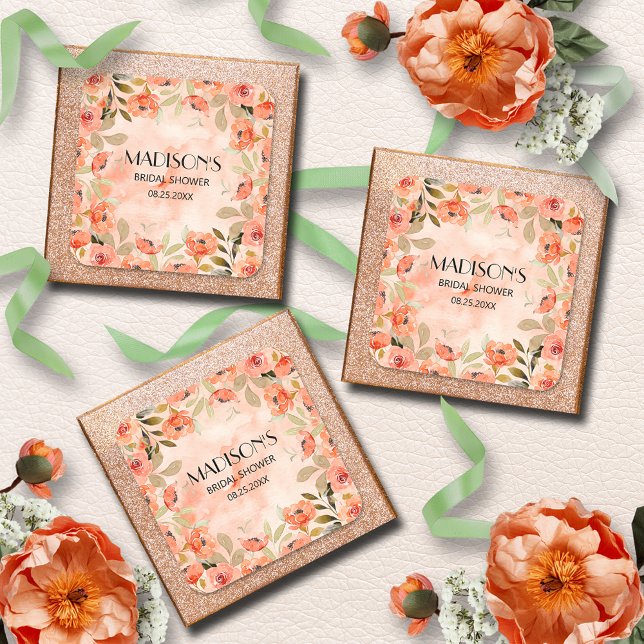 Adesivo Quadrado Chá de panela Floral Laranja Aquarela (Watercolor orange floral bridal shower square stickers)
