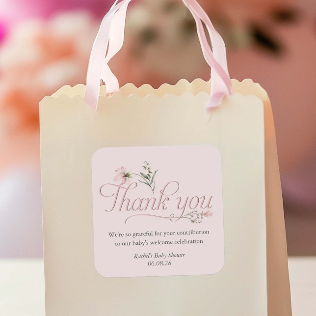 Adesivo Quadrado Chá rosa-flor-silvestre-obrigado-menina (Elegant Pink Wildflower, Baby Girl shower favor thank you stickers.)