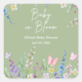 Adesivo Quadrado Chá Verde Floral Bebê em Flor Chá de Bebê  