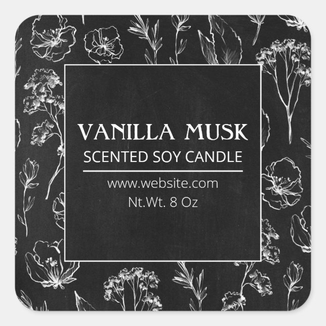 Adesivo Quadrado Chalkboard Preto Flores Selvagens Rótulos de velas (Frente)