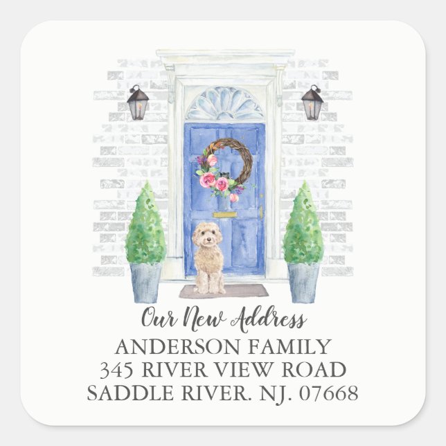 Adesivo Quadrado Champagne cockapoo Blue Door New Address Label (Frente)