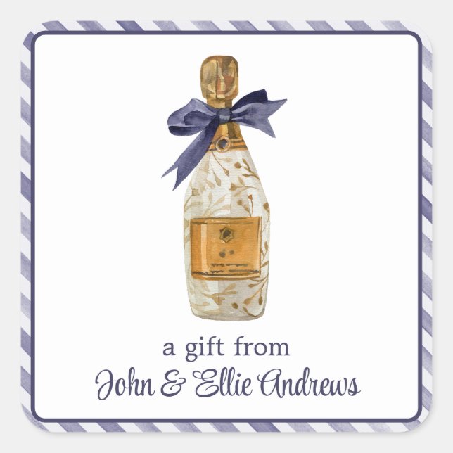 Adesivo Quadrado Champanhe francês de aquarela com presente de Arco (Frente)