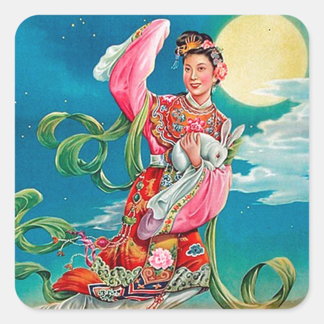 Adesivo Quadrado Chang e 嫦 娥 voando para o Festival de Médio de Lua (Frente)