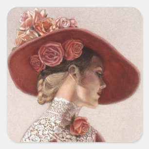Adesivo Quadrado Chapéu cor-de-rosa do vintage elegante da senhora