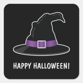 Adesivo Quadrado Chapéu de Bruxa de Halloween com texto roxo e pers