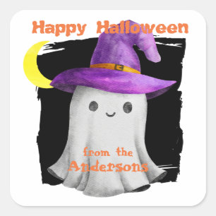 Adesivo Quadrado Chapéu de Bruxa Fantasma Feliz Halloween Kids